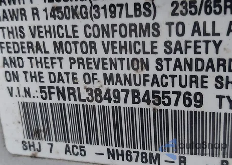 2007 Honda Odyssey Ex from USA, damaged, VIN 5FNRL38497B455769